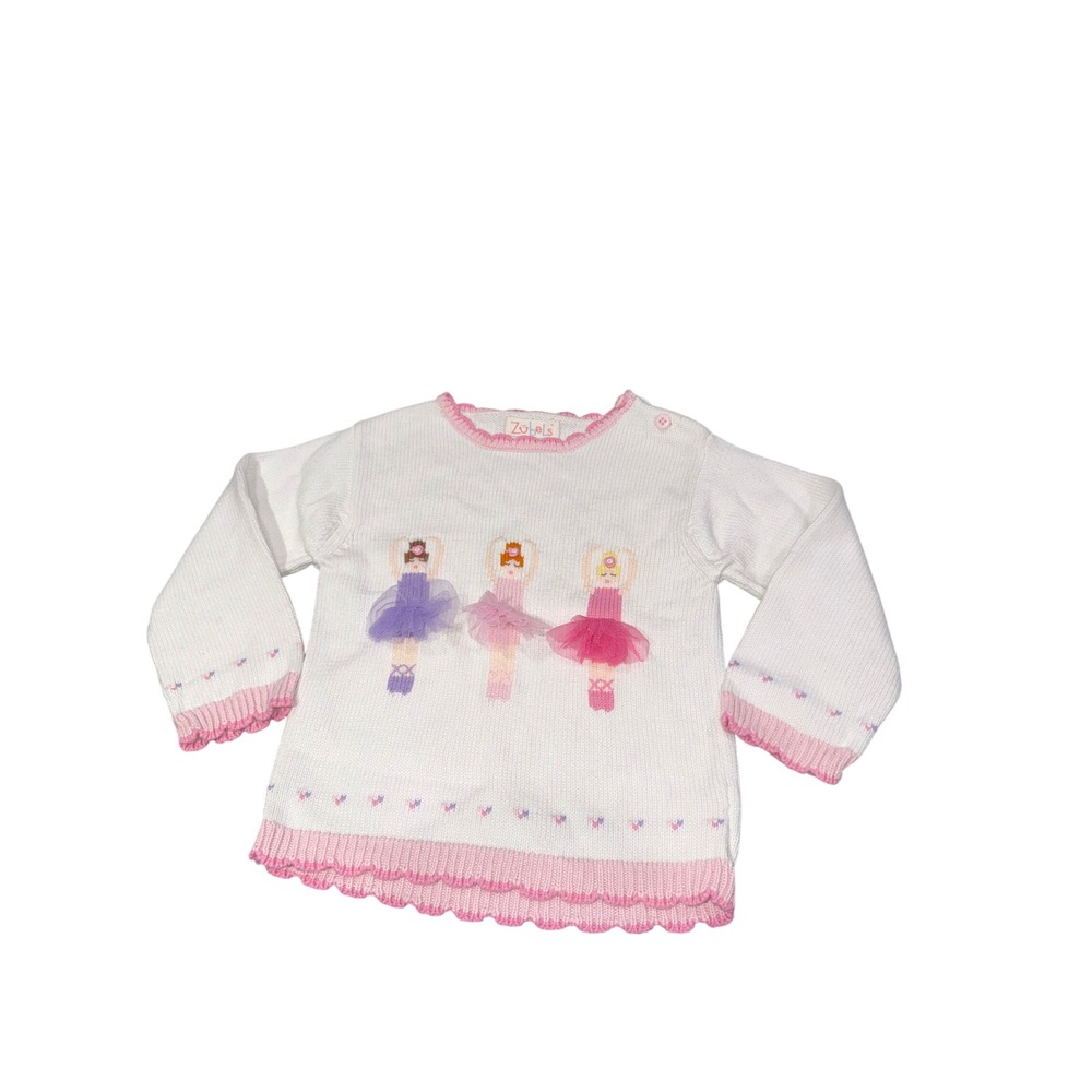 Zubels 3T Girl White Cotton Knit Ballerina Sweater Tulle Tutu Pink Trim